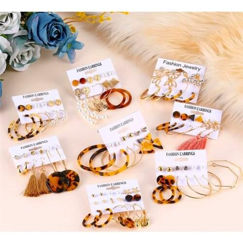 Boho Tassel Acrylic Earrings For Women Fashion Heart Rhinestone Pearl Long Earrings Set Geometric Drop Earring Female Jewelry