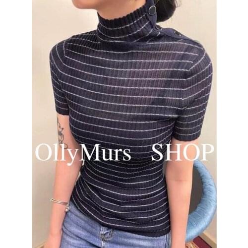 Cashmere and silk-blend striped knit sweater, lapel shoulder button decoration short-sleeved top, thin high-stretch T-shirt
