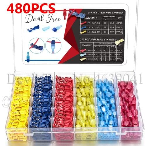 480PCS T Tap Wire Connectors,Self-Stripping Quick Splice Electric Wire Terminals, with Insulated Male Quick Disconnect Terminals