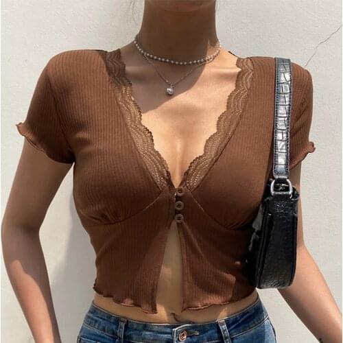 Knitted Lace Skinny Short Sleeve Crop Tops Womens Shirts Sexy V-neck Solid Slim Female Shirt 2021 Summer Casual New Ladies Top