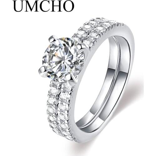 UMCHO Princess Clear CZ Genuine 925 Srerling Silver Jewelry Double Rings For Bride Wedding Gift Fine Jewelry