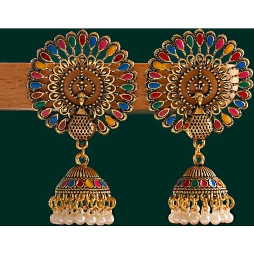 Ethnic Big Round Peacock Indian Antique Jhumka Earrings Women Vintage Bohemian Retro Pearl Tassel Bell Tibetan Earrings 2021