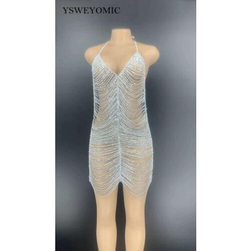 Birthday Celebrate Party Dress Sexy Silver Rhinestones Chains Backless Short Dress Bar Prom Women Dancer Singer Hollow Outfit