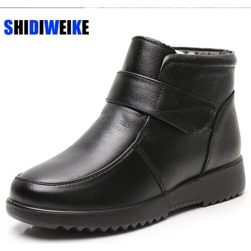 Boots Women Genuine Leather Warm Mother Winter Boots Zipper Square Heel Ankle Boots Fashion Thick Fur Snow Boots Female AD608