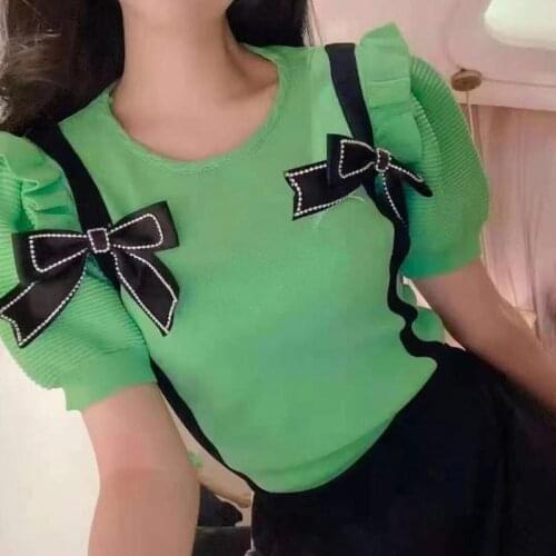 Korobov Korean Sweet Bow Patchwork Chic Japanese Style Women Pullovers Vintage Hit Color Sueter Mujer New Fashion Jumpers