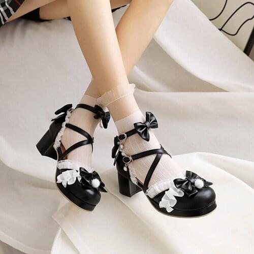JETT DRAGON Ladies Shoes Waterproof Platform Cute Bow Lace Princess Mary Jane Lolita Square Heels Buckle Ladies Shallow Shoes 43