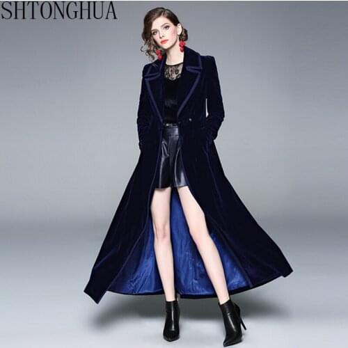 Winter High Quality Plus Size Women Long Sleeve Velour Slim Tunic Vintage Office Party Velvet Maxi Trench Coat Autumn Outerwear