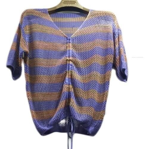 Striped Hollow Out Knitted Tops Casual Loose V-neck Short Sleeve Women Summer Knitted Pullover Female Pull Jumper Femme Top