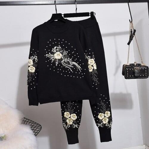 Korean Fashion Sequins Flowers Knitted Tracksuits Women 2 Piece Set Loose Casual Black Knit Sweater Pencil Pants Outfits Female