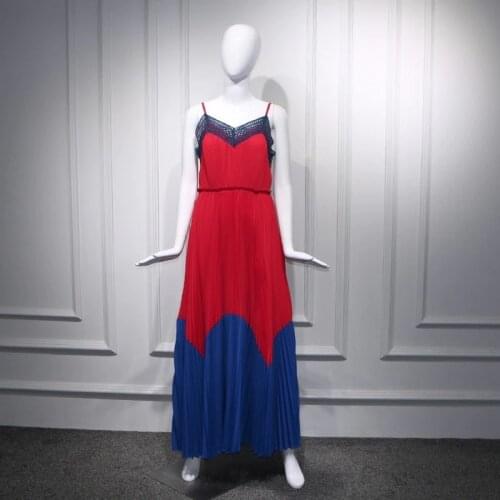 Fashion Red And Blue Patchwork Sleeveless Spaghetti Strap Women Long Dresses Short Denim Jacket Big Swing Pleated Dresses