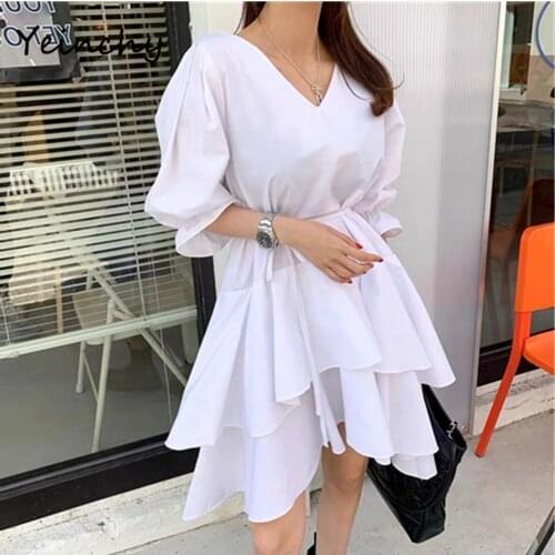 Yeinchy women fashion v neck half Puff sleeve ruffles lace up summer dress FM6140
