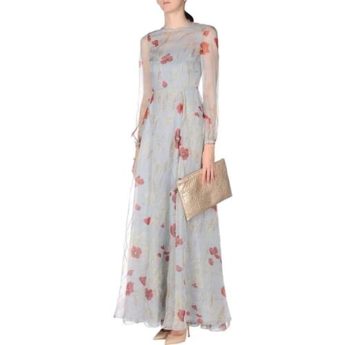 European Runway Vintage Flower Printed Maxi Dresses for Women Summer 2021 High Quality Elegant O-neck Long Sleeve Maxi Dress
