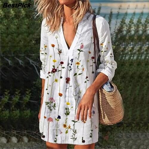 2021 Floral Print Women Shirt Dress V Neck Long Sleeve Casual Dresses Streetwear Fashion Elegant Summer Dress Vestidos