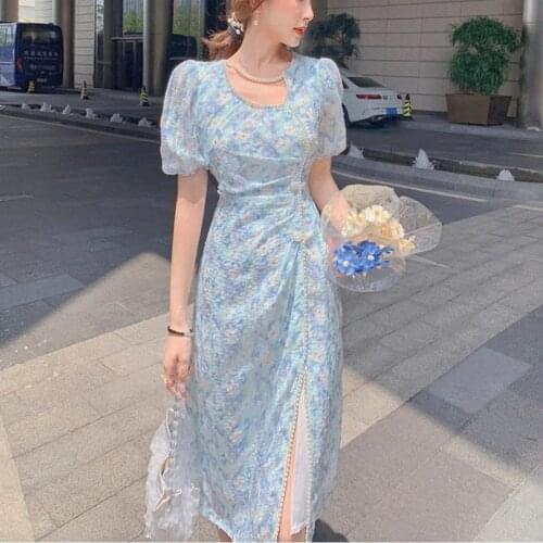 Summer 2021 French Vintage Floral Dress Women Blue Split Design Sweet Kawaii Dress Female Casual Korean Puff Sleeve Party Dress