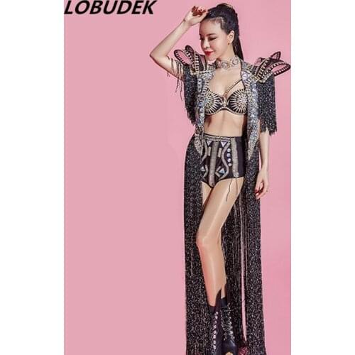 Star Vocal concert Stage Costume Bar Women Singer Sexy Performance outfit Sparkly Crystals tassel Cloak Party Luxurious clothes