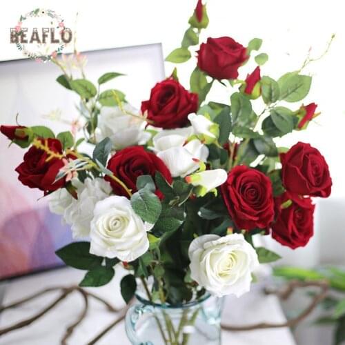 1PC Artificial 3 Heads Velvet Rose Silk Flower Wedding Flower Arrangement Home Decoration 4 Colours