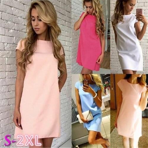 2021 Women Summer Casual O-neck Short Sleeve Solid Party Dress Loose Straight Fashion Elegant Feminina Vestidos