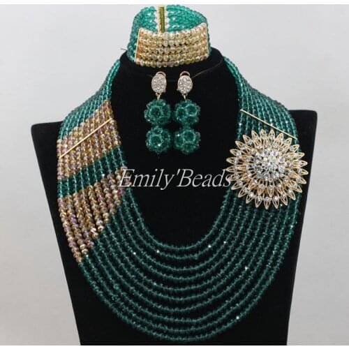 Teal Green/Gold High Quality African Bridal Beads Necklace Jewelry Set African Costume Nigerian Wedding Jewelry Set AIJ469