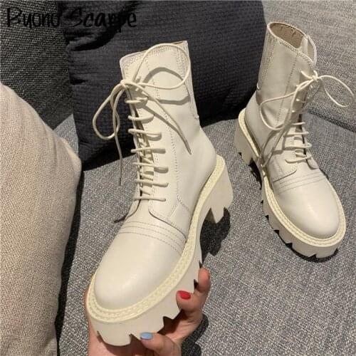 Lace Up Genuine Leather Boots Platform Chunky Ankle Boots Retro Casual Leather Boots Elastic Chelsea Shoes New Autumn Booties
