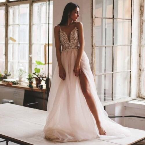 Eightree Sexy Stars Tulle Beach Wedding Dresses 2021 Split Side Vintage Bride Dress Custom Made Backless Wedding Gowns