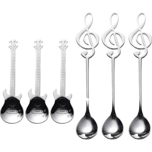 Hot YO-Coffee Spoons,6 Pack Creative Cute Teaspoons Stainless Steel Staff Musical Notation Shaped (3 Music Note +3 Guitar)