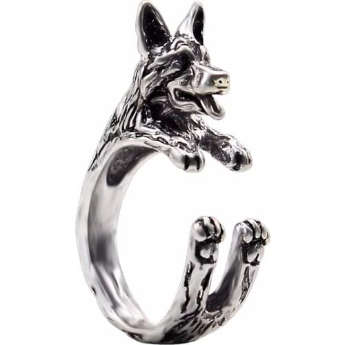Kinitial Fashion Ring Unique Handmade Boho Chic Retro German Shepherd Ring Adjustable Finger Rings Pet Lovers Gift Idea Jewelry