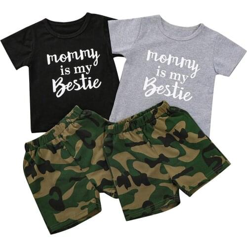 Little Boys Short-sleeved Shorts Set Unique Letter Round Neck Tops and Camouflage Short Pants