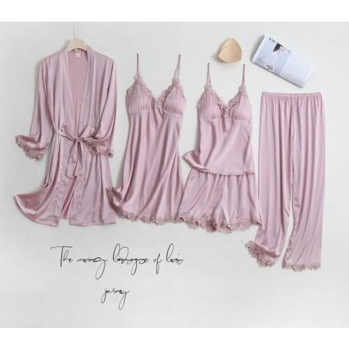 Lace Trim Spring Autumn 5PCS Satin Sleep Suit Women With Bra Sleepwear Lounge Bathrobe Sexy V-Neck Suspender Nightgown Pajamas