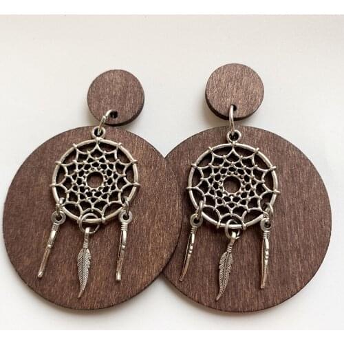 Metal Dream catcher wood statement drop earring jewelry Simple metal retro vintage bohemian geometric Unique earrings for women