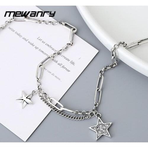 Mewanry 925 Sterling Silver Pentagram Necklace for Women Simple Vintage Creative Fashion Party Clavicle Chain Jewelry Gifts