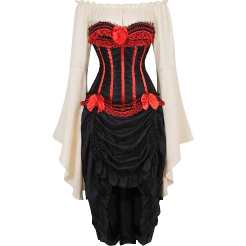 Bustier dress corset top skirt three-piece irregular costume cosplay showgirl dance lace corsets burlesque vintage medieval red