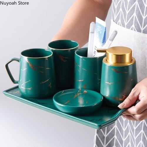 Nordic Luxury Bathroom Products Ceramic Marble Pattern Mouthwash Cup Lotion Bottle Soap Dish Bathroom Decoration Accessories