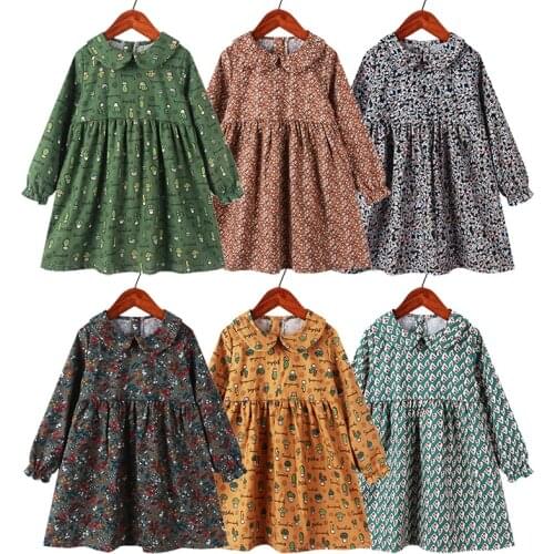 Spring Autumn Kids Dresses Cotton Toddler Fall Dresses for Girls Flower Print Girls Student Dresses Turn-down Collar Baby Dress