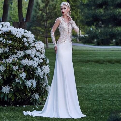 Elegant Chiffin Mermaid Wedding Dress 2021 Fashion O-neck Lace Appliques Sweep Train Long Sleeve Bridal Gowns