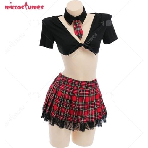Women School Girl Two-Piece Lingerie and Plaid Skirt Sleepwear Uniform Set Cosplay Costume Outfit with Collar Tie