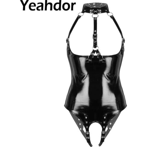 Womens One-piece Bodysuit Wet Look Patent Leather Lingerie Halter Neck Bare Breast Crotchless Adjustable Buckle Leotard Clubwear