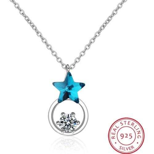Simple Blue Star Single AAA Zirconia Pendant 925 Sterling Silver Necklace For Women Chain choker collier S-N348
