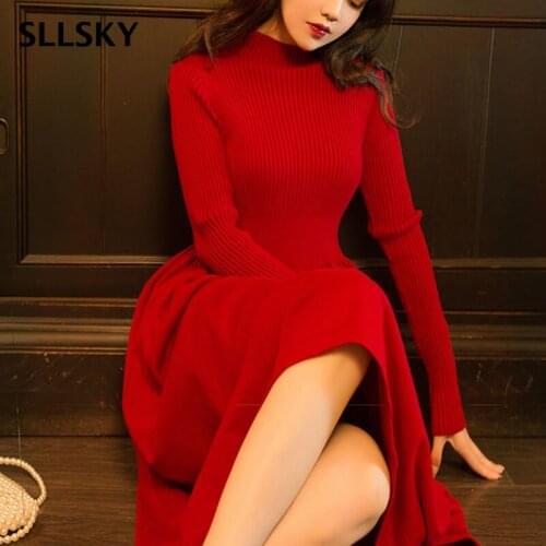 SLLSKY Turtleneck Women Sweater Dress Autumn Knitting Pullover A-Line Dress Female Long Sleeve Mid-Calf Length Pleated Dress
