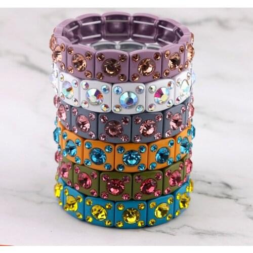 ZWPON Faceted Glass Crystal Square Tile Bead Bangles Bracelets for Women Fashion Multicolor Painted Elastic Bracelets Wholesale