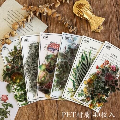 40 pcs Vintage Flowers Mushroom Natural Plant PET sticker package DIY diary junk Journal decoration sticker album scrapbooking
