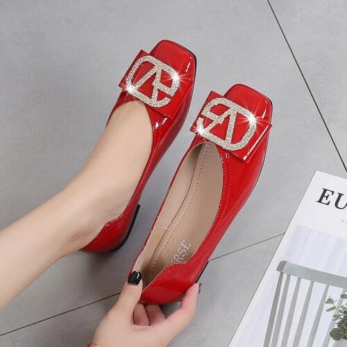 Ballet Flats Shoes Women 2021 Autumn Ladies Solid Crystal Rhinestone Slip On Red Square Toe Fashion Bling Bling Womens Shoes