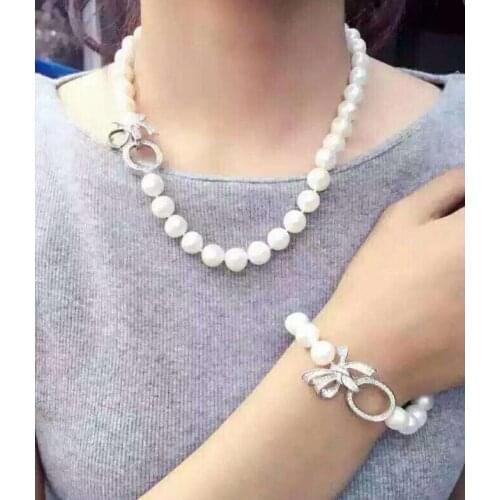 Noble jewelry 9-10mm Freshwater white pearl necklace braceler set 925 silver