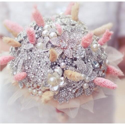 Silver & Coral Dried flowers brooch bouquet wedding bridal bouquets crystal Pearl hemp rope leaf Bride 's Bouquet Bridesmaid