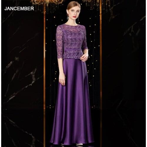 J1958 jancember purple evening dress o-neck half sleeve floor length appliques lace party dresses for girls robe longue soiree