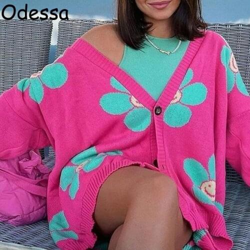 Odessa 2021 Winter Fashion Casual Loose Cardigan Sweaters Long Sleeve Sexy V Neck Print Women Autumn Knitted Sweater Coat Jacket