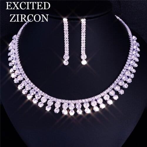 Classic ladies wedding bride bridesmaid gorgeous fashion jewelry set exquisite round zircon rhinestone necklace earrings