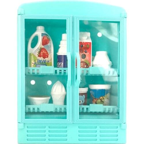 NK 1 Pcs Doll Cartoon Blue Double Open Refrigerator Baby Toy For Barbie Accessories Doll Princess Bedroom Furniture Girl Gift 7X
