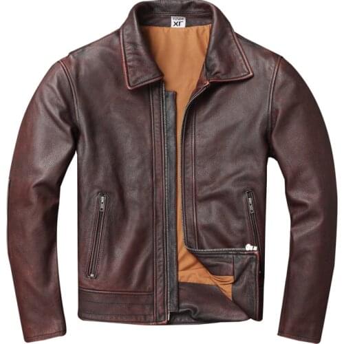 New Genuine Leather Jacket Head Layer Mens Cowhide Motorcycle Red-Brown Retro Distressed Fashioned Cowhide Coat