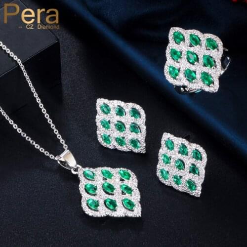 Pera Trendy Green Cubic Zirconia Big Geometry Ring Pendant Necklace Stud Earrings Fashion Women Engagement Jewelry Sets J142