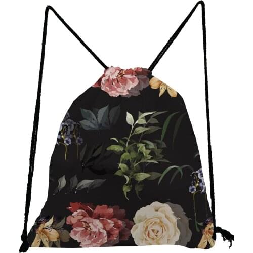 Plant Black Backpack Floral Printed Drawstring Bags Pretty Fashion School Bags High Capacity Storage Bag Portable Travel Bag